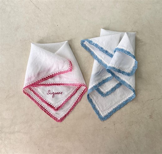 Vintage White Linen Handkerchief Crocheted Edges : Pink or Blue Bridal Hanky - Etsy
