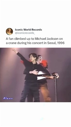 Iconic World Records on Instagram: "During Michael Jackson's HIStory World Tour concert in Seoul, South Korea on October 11, 1996, an incident occurred that became a memorable part of the show. A male fan climbed a crane that was part of the stage setup, reaching Michael Jackson while he performed "Earth Song." The fan's daring act happened as Jackson was performing "Earth Song," a powerful ballad about environmental issues. Jackson, who was on a cherry picker at the time, reacted calmly and swi