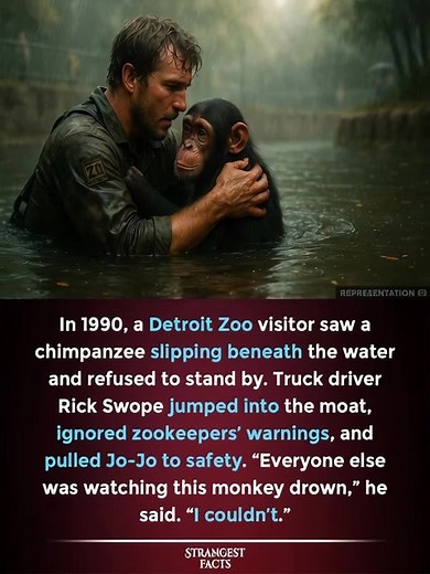 Swope jumped a barrier and dove into the cold moat, pulling 135-pound Jo-Jo to shore as others froze. He said the chimp’s eyes looked human, as if asking for help. The rescue made him a hero. | ART World