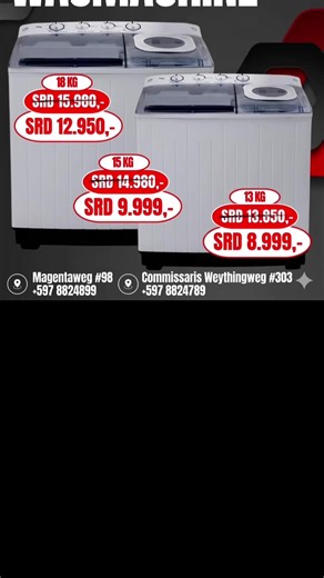🔥 ACTIE OP GESELECTEERDE WASMACHINES 🔥 ✅ 7KG / 9KG / 13KG / 15KG / 18KG WASMACHINES 💪 Top kwaliteit – sterke machines 🌀 Geschikt voor kleine én grote huishoudens ⚡ prijzen zyn tijdelijk! 📦 Direct uit voorraad leverbaar FILIAAL 1📍 Commissaris Weythingweg #303 (tegenover Leiding 10A) 📞 597 8824789 FILIAAL 2📍 Magentaweg 98 ➡️ Zijstraat Indira Ghandiweg ➡️ Zijstraat Magentakanaalweg 📞 597 ⁨882-4899⁩ 🕕 𝗢𝗽𝗲𝗻𝗶𝗻𝗴𝘀𝘁𝗶𝗷𝗱𝗲𝗻: Ma - Vr 9am - 6pm | Za 9am - 4pm 💳 𝗕𝗲𝘁𝗮𝗹𝗶𝗻𝗴: Posse