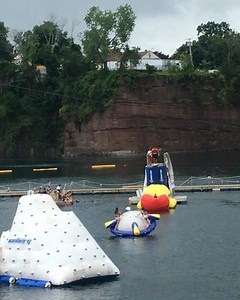 A solid Blob performance spotted from across the quarry!! #blob #blobbing #brownstonepark #rainday #nolines #waterpark #inflatables #inflatablefun #august #summerfun #summer18 | Brownstone Adventure Sports Park