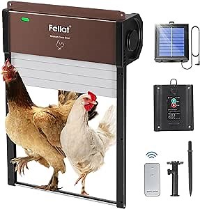 Automatic Chicken Coop Door, Solar Powered Chicken Coop Door Opener with Timer, Light Sensor and Remote Controls Full Aluminum Weatherproof Electric Chicken Coop Door (Brown)