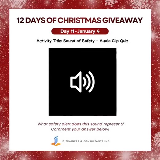 🎄 𝟏𝟐 𝐃𝐀𝐘𝐒 𝐎𝐅 𝐂𝐇𝐑𝐈𝐒𝐓𝐌𝐀𝐒 𝐆𝐈𝐕𝐄𝐀𝐖𝐀𝐘 🎄 ✨ 𝐃𝐀𝐘 𝟏𝟏 — 𝐉𝐚𝐧𝐮𝐚𝐫𝐲 𝟒 ✨ 🎯 Activity: Sound of Safety – Audio Clip Quiz 🎓 𝑭𝑹𝑬𝑬 𝑪𝑶𝑼𝑹𝑺𝑬 𝑮𝑰𝑽𝑬𝑨𝑾𝑨𝒀: 𝑨𝒄𝒄𝒊𝒅𝒆𝒏𝒕 𝑰𝒏𝒗𝒆𝒔𝒕𝒊𝒈𝒂𝒕𝒊𝒐𝒏 𝒂𝒏𝒅 𝑹𝒆𝒑𝒐𝒓𝒕𝒊𝒏𝒈 𝒇𝒐𝒓 𝒕𝒉𝒆 𝑪𝒐𝒏𝒔𝒕𝒓𝒖𝒄𝒕𝒊𝒐𝒏 𝑰𝒏𝒅𝒖𝒔𝒕𝒓𝒚 🎧🚨 Turn up the volume and listen carefully! 🎮 𝐇𝐎𝐖 𝐓𝐎 𝐉𝐎𝐈𝐍: 1️⃣ Play the audio clip 2️⃣ Identify the safety alert or warning sound 3️⃣ Comment your answer below 4️⃣ Correct ans