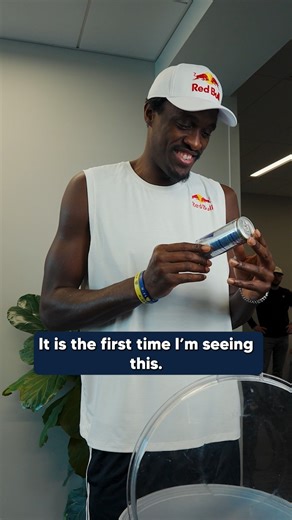 Pascal Siakam sees his face on his limited-edition Red Bull Energy Drink for the FIRST time and is all smiles 🤩 It's available at Gainbridge Fieldhouse and in Indiana for a limited time. Get it before it's gone! | Indiana Pacers