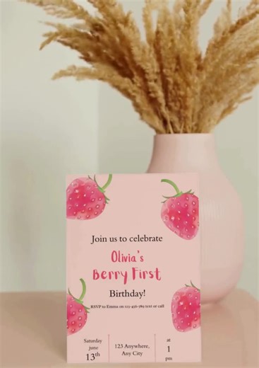 Berry First Birthday Party Invitation, Custom Canva Template (digital Download) - Etsy