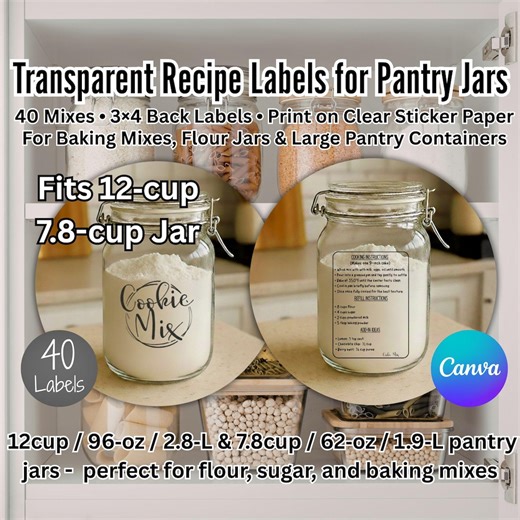 40 Transparent Recipe Labels • Fits 12‑cup Pantry Jars • 3x4 Printable Back Labels • Cooking   Refill   Add‑in • Clear Sticker PNG - Etsy Canada