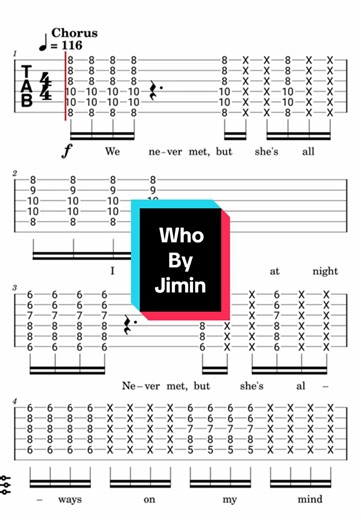 Jimin - Who “Guitar Tab” Genre : Hip-hop, R&B Tuning : E A D G B E “Who” is a solo track by Jimin, highlighting his signature blend of emotive vocals and modern pop production. The song carries a smooth yet atmospheric sound, combining subtle beats with expressive melodies. Lyrically, “Who” explores themes of longing, identity, and emotional uncertainty, as Jimin reflects on searching for connection and meaning. His soft yet dynamic vocal delivery enhances the song’s introspective tone. As a mem
