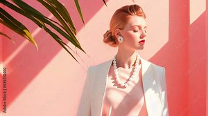 Woman with an elegant pose by a blank canvas, representing anonymity.