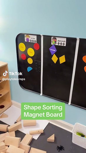 Shape Sorting Magnet Board ♦️🟧🟡🟩🔷🟣 Sorting shapes gives students the opportunity to look closely at shapes and notice their similarities and differences. ❓How is a circle different than an oval? ❓How is a square different than a rectangle? ❓How is a triangle different than a diamond? As students work on this vertical surface, they improve coordination, practice new vocabulary (circle, square, oval, rectangle, diamond, and triangle), and cooperation. ⭐️Interactive boards are a great way for 