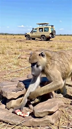 Will the baboon grab the food or spot the danger first? #baboon #safari #nature