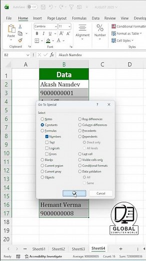 Remove Numbers from Mixed Text Instantly | Excel Go To Special Trick 🔥 #excel ‪@GlobalComputerWorld‬