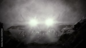 Landing spacecraft on an alien planet. Animation in science fiction genre. Fantastic military spaceship. Future war technics. Gloomy sci-fi concept art. Shuttle in clouds. Black and white background.