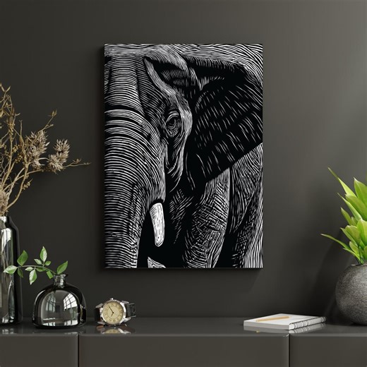 Elephant Woodcut Print, Black and White Animal Wall Art, Rustic Modern Printable - Etsy