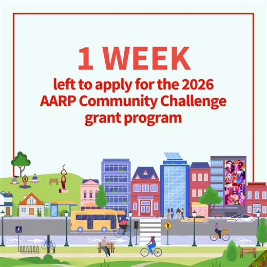 ⏰ Can you do it in One Week? Non-profits, local or county governments have one week remaining to apply for AARP’s 2026 Community Challenge Grant! March 4: Application Deadline, 5 pm ET ✅ Grants support projects that help create livable communities and benefit residents, especially those age 50-plus. For details and to apply, visit the link in our comments below ⬇️ Since its inception in 2017, the AARP Community Challenge has awarded 2,100 grants totaling $24.3 million to projects that benefit re