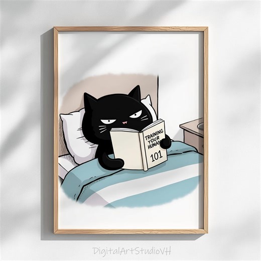 Grumpy Black Cat Reading - Humorous Watercolor Art, Cozy Cat Scene, Classic Printable Cartoon, Fun Bedroom Wall Decor, Digital Download 1414 - Etsy
