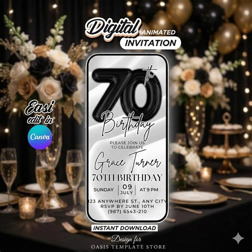 Animated 70th Birthday Invitation Digital, Black and White Video Invite, Elegant 70th Party Evite, Editable Canva Template, Text Message - Etsy