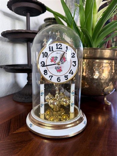 Vintage Hermle Anniversary Clock, Floral Dial, Glass Dome, Mid-century Torsion Mantel Clock - Etsy