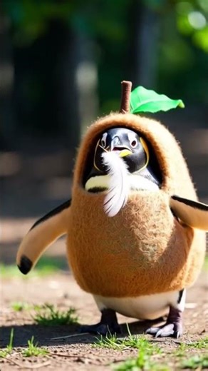 Penguin in kiwi costume chasing a feather, comical waddle.