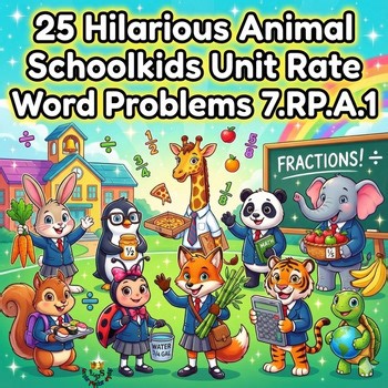 7.RP.A.1 Unit Rates with Fractions – 25 Funny Animal Schoolkids Word Problems