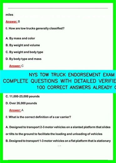 NYS TOW TRUCK ENDORSEMENT EXAM ACTUAL EXAM COMPLETE QUESTIONS WITH DETAILED VERIFIED ANSWERS 2025202