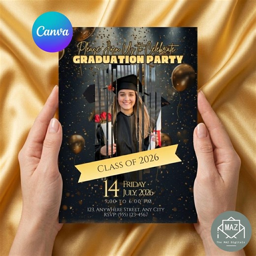 Graduation Party Invitation Class of 2026 | Black Gold Photo Strip Grad Announcement (canva SVG) - Etsy