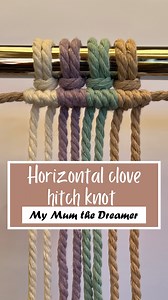 How to tie horizontal Clove Hitch knots: Similar to the diagonal Clove Hitch knot, but this knot is tied horizontally (parallel to the bar or dowel you’re working from) and requires an extra piece of cord 1. You’ll need a row of cords plus an extra length of cord to be the filler cord (the cord that runs inside the Clove Hitch knots) 2. It helps to secure one end of the extra cord near the left side of your work. Use a Lark’s Head knot or simply tie an overhand knot around the bar or dowel. **Yo