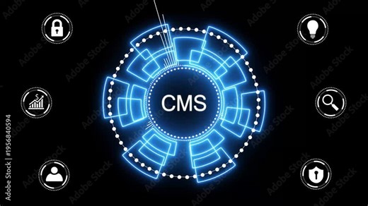 Digital abstract HUD interface with the acronym CMS in the center on a dark blue management system.