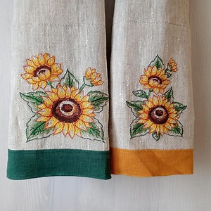 Embroidered Linen Kitchen Towel: Sunflower Design, Rustic Farmhouse Decor - Etsy