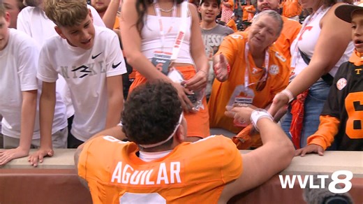 A sweet moment with Joey Aguilar and his grandmother after Tennessee's big win. #Vols | Rylee Robinson Sports