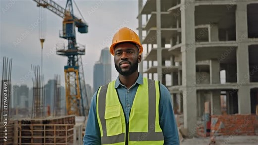 Worker Contractor Wearing Hard Hat and Safety Vests Walks on Industrial Building Construction Site