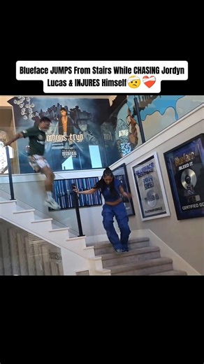 Blueface JUMPS Stairs While CHASING Jordyn Lucas & INJURES Himself🤕❤️‍🩹 #blueface #ytshorts #fyp