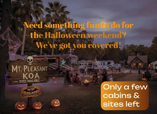 Hey campers, locals, and friends - we have a few campsites and a few cabins left for the Halloween weekend... Don't miss out we have a weekend loaded with fun things to do for adults and kids! Trick or Treat on Saturday, costume contest, games, movies and so much more! Don't miss out it's going to be a blast! | Mount Pleasant / Charleston KOA Holiday