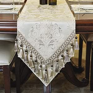 Loom and Mill Luxury Table Runner 108 Inches Long, Floral Jacquard Damask Dining Table Runner with Multi-Tassels for Dining Room Dresser Party Banquet Holiday Decorations(Light Apricot, 13*108 inch)