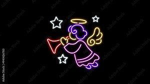 Baby angel 4K animation. Flying angels with Neon icon animated