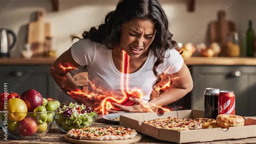 Person experiencing severe stomach pain, heartburn, and indigestion after eating unhealthy food like pizza, indicating digestive system problems such as gastritis or stomach ulcers
