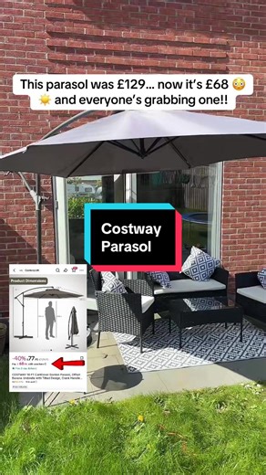 If your garden gets TOO hot in the sun, this @Costway.UK 10FT cantilever parasol is the upgrade you need 🙌 Huge shade coverage, easy crank handle & tilt design so you can actually stay cool all day ☀️ ⚠️ Top tip: make sure you use a weighted base to keep it secure! Now just £68 instead of £129 and selling FAST… don’t miss this one #parasol #gardenumbrella #gardenmusthaves #tiktokmademebuyit #dealdrops