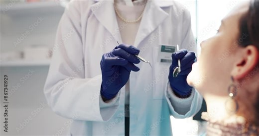 Woman, patient and dentist with conversation for teeth extraction at clinic for wellness, wellbeing and oral care. Female person, dental surgeon and doctor for canal procedure, healthcare and explain
