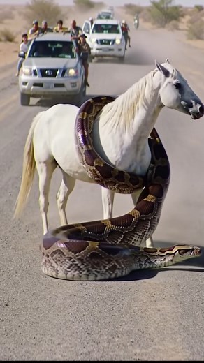 A giant anaconda snake attack a white horse near the road #snake #reelsfb #horses | World Discovery TV