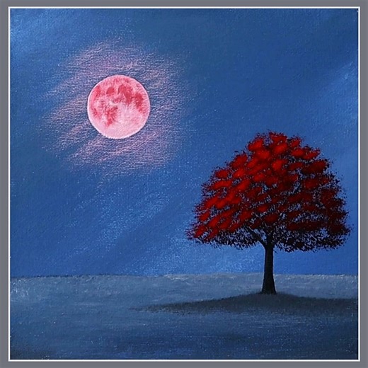 Red Tree and Pink Moon Acrylic Painting Color used : Ultramarine blue, Black, White, Red, Pink IG : @eldrawingarts #art #artist #artwork #acrylic #painting #eldrawingarts #acrylicpainting #beautifulpainting | El Drawing Arts