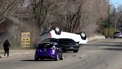 Challenger Hellcat Tries To Show Off, Ends Up Flipping Silverado