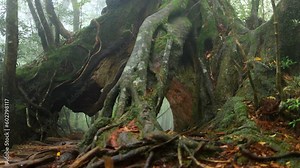foggy primeval forest with old magnificent cedar tree, fantasy landscape of misty woods, enchanted forest in Yakushima, Japan