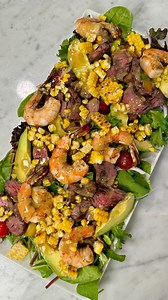 5K views · 15K reactions | Surf & Turf Salad Ingredients: Hanger Steak Shrimp Corn Avocado Lettuce Tomato Red onion #food #salad #easyrecipe #steak #foodie #dance | Emmanuel Duverneau | Facebook