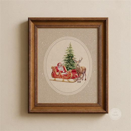 Vintage Santa Sleigh Print | Christmas Reindeer Wall Art | Classic Holiday Decor | Retro Christmas Printable | Digital Download - Etsy
