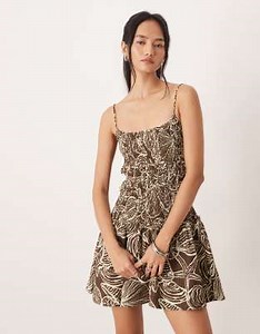 ASOS DESIGN crinkle mini sundress with shirred dropped waist in chocolate shell print  | ASOS