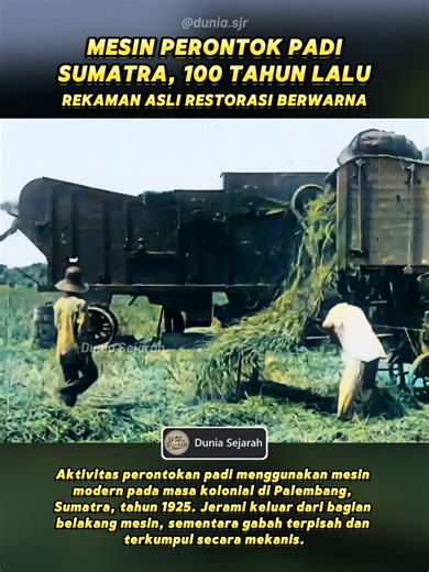 Beginilah Proses perontokan padi menggunakan mesin perontok modern era Kolonial Belanda di Palembang, Sumatra, pada tahun 1925. Mesin besar berbahan logam ini berfungsi memisahkan bulir padi dari jerami secara mekanis, menggantikan cara manual yang sebelumnya mengandalkan tenaga manusia. Sesuai prosesnya, jerami dikeluarkan melalui bagian belakang mesin, sementara gabah terkumpul untuk tahap pengolahan selanjutnya. Di sekitar mesin tampak para pekerja pribumi mengenakan pakaian sederhana dan cap
