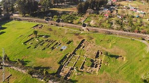 Aerial fly over top view historical site Gonio fortress - Roman fortification in Adjara, Georgia. Gonio-Apsaros Fortress