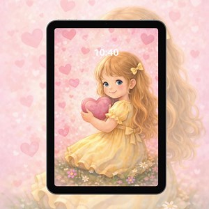 Pink Girly iPad Wallpaper | Romantic Aesthetic HD iPad Background - Cute Girl Holding Heart | Kids & Teen Cozy Art - Etsy