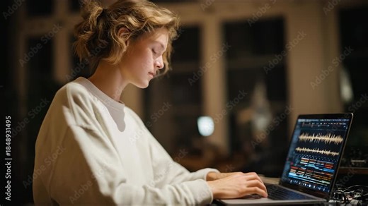 A musician sending early demo tracks to subscribers, with waveforms and handwritten notes visible on their laptop — exclusive content intimacy, behind-the-scenes music process, and fan-supported