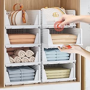 Neprock Clothes Organizers and Storage, 5 Pack Stackable Plastic Bins, Foldable Closet Organizers Drawers for Clothing storage (5L)（White）