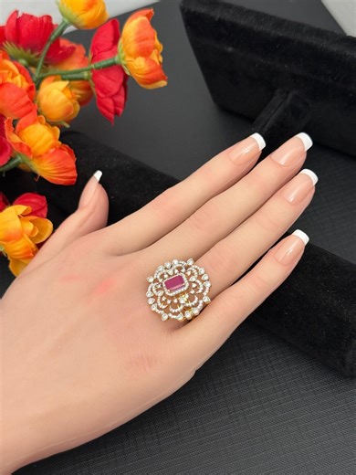 AD Ruby Cocktail Finger Ring Bridal Ring/adjustable Size 6to8/two Tone Diamond Finish - Etsy